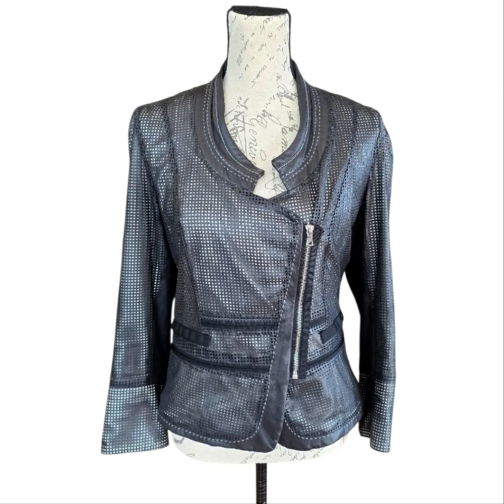 Elie Tahari Perforated Black Leather Zip Moto Style Blazer Jacket S